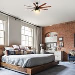 Stylish bedroom installation of Sofucor's 66-inch ceiling fan with wood finish blades, offering a blend of modern and rustic charm