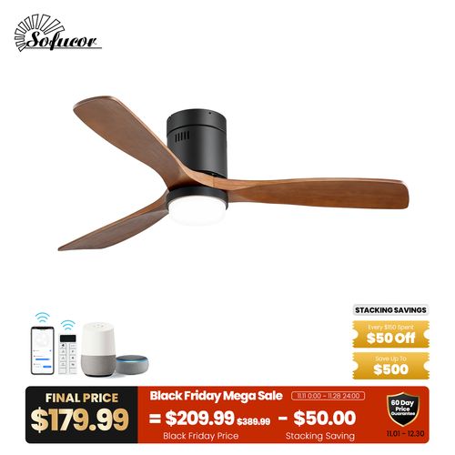 Upgrade Brand New Sofucor 52" Flush Mount Wood Blade Ceiling Fan with Light