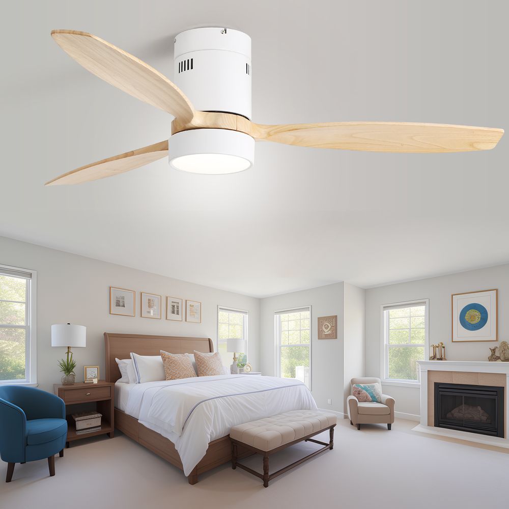52” Flush Mount Celing Fan With Light Remote Wood Blades