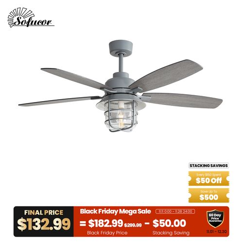Sofucor Brand New 52" Industrial Farmhouse Ceiling Fan with Light – Gray Finish & Cage Lantern Design