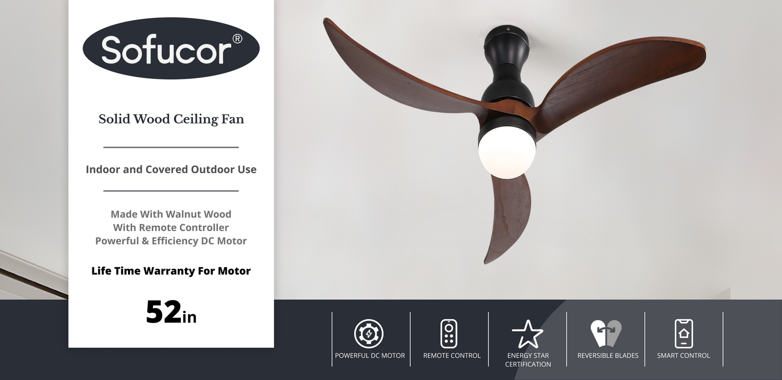 Sofucor 52 Inch Low Profile Ceiling Fan No Light – 3 Wood Blades, Flush Mount, Quiet DC Motor, Remote Control - View #3