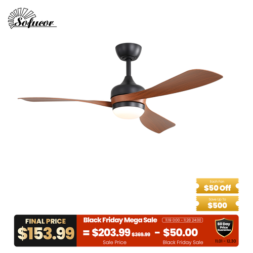 Sofucor 52" Curved Wood Grain 3-Blades Ceiling Fan with Light