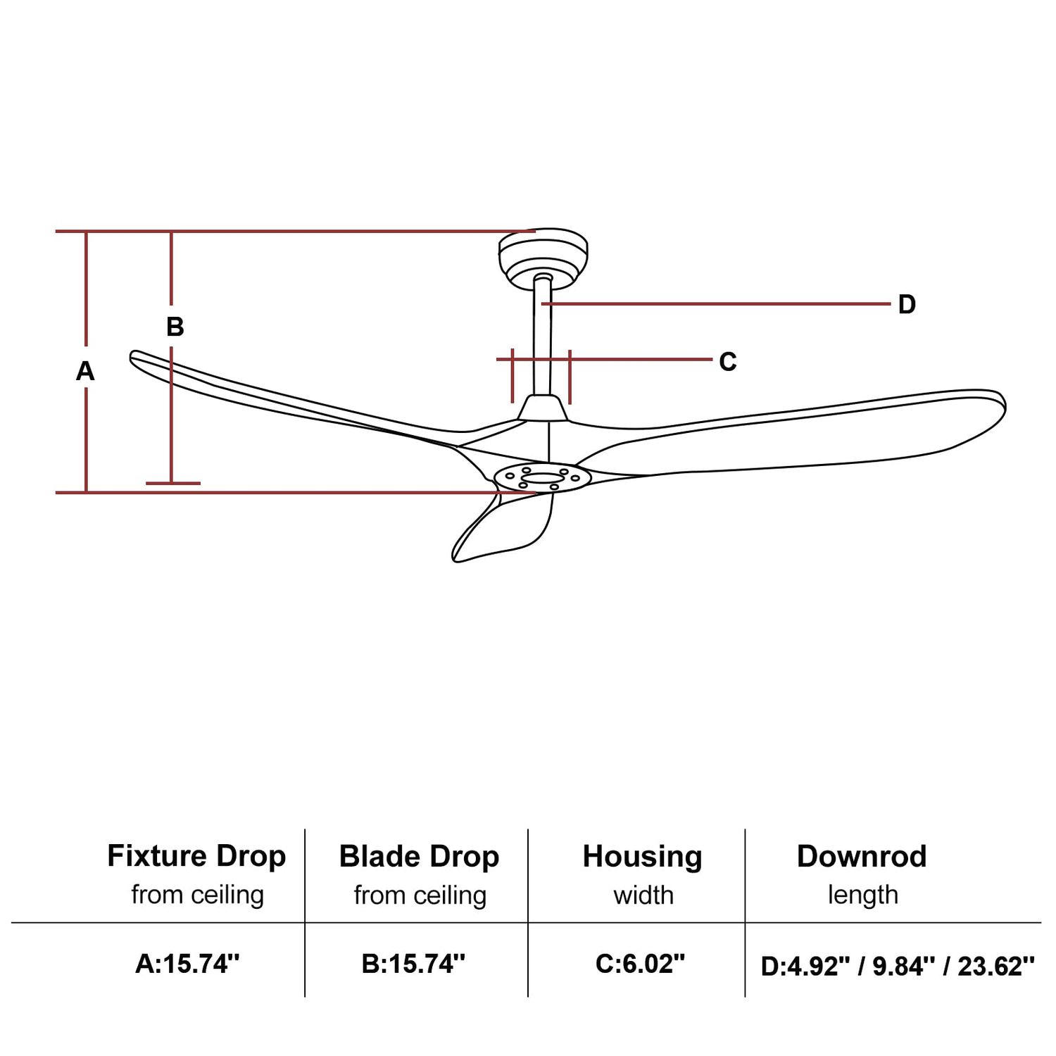 Sofucor wooden blade 60'' Modern Ceiling Fan No Light installation size and downrod length