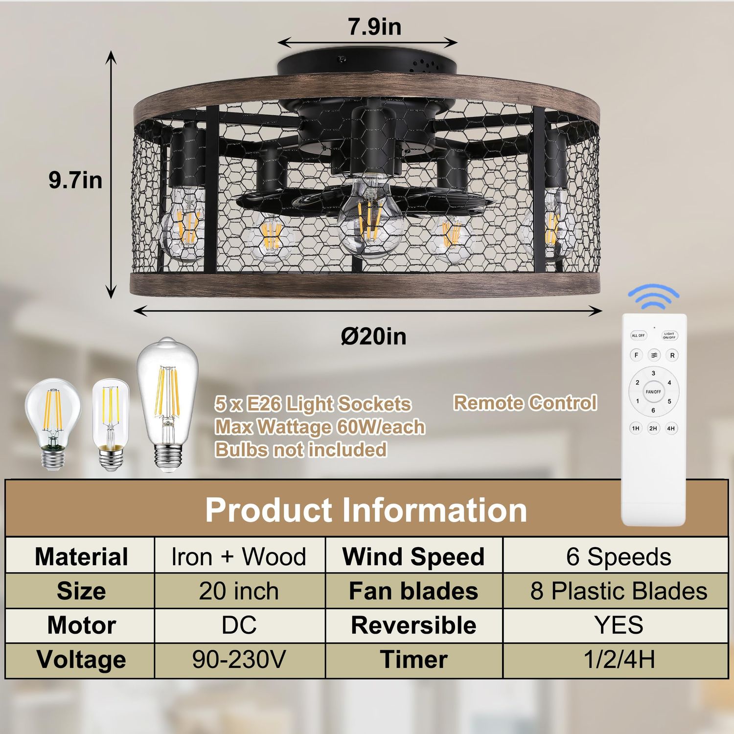 20 Inch Low Profile Flushmount Caged Ceiling Fan With Light Remote 7 ...