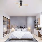 Elegant bedroom setup featuring the Sofucor 52-inch black ceiling fan with light and remote control, showcasing its modern flush-mount design