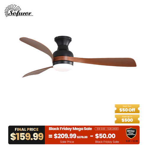 Sofucor 52" Modern Low Profile Curved ABS 3-Blades Ceiling Fan with Light