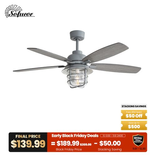 Sofucor Brand New 52" Industrial Farmhouse Ceiling Fan with Light – Gray Finish & Cage Lantern Design