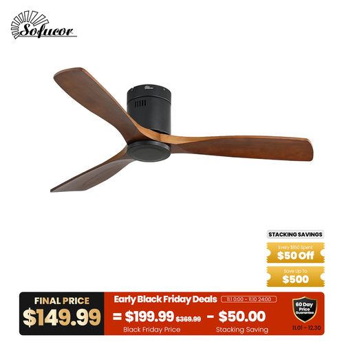 52″ Flush Mount Steel Wood Ceiling Fan Without Light