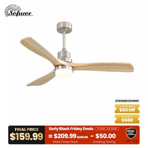 Sofucor 52″ Steel Natrual Wood Blade Ceiling Fan With Light