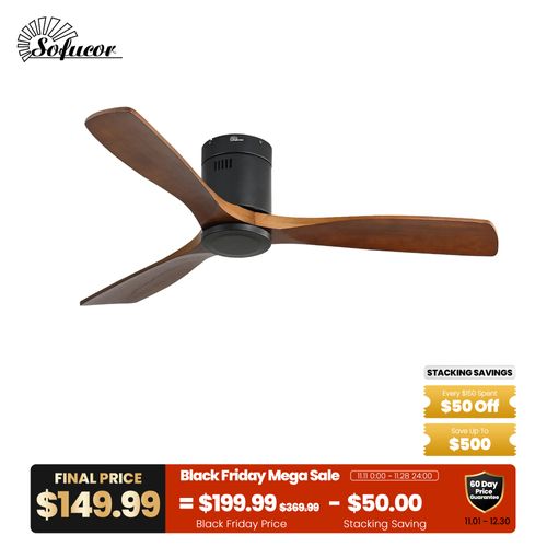 52″ Flush Mount Steel Wood Ceiling Fan Without Light