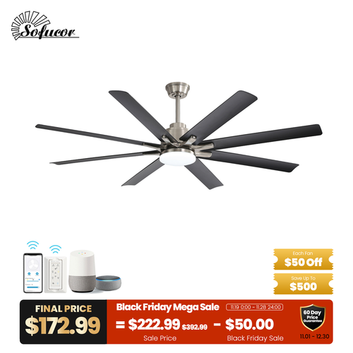 Sofucor 52" Industrial Style 8-Blades Smart Ceiling Fan with Light