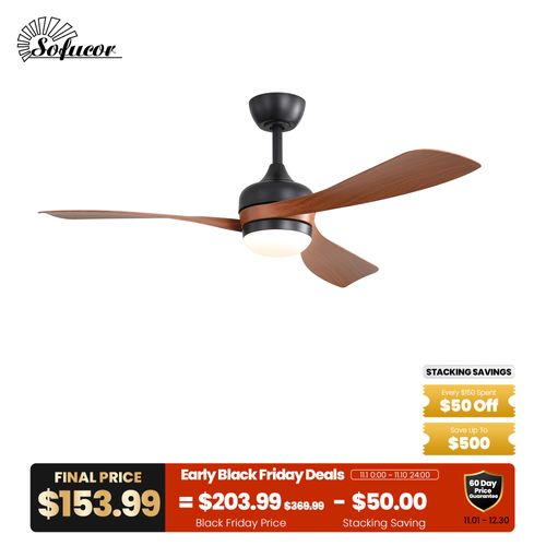Sofucor 52" Curved Wood Grain 3-Blades Ceiling Fan with Light