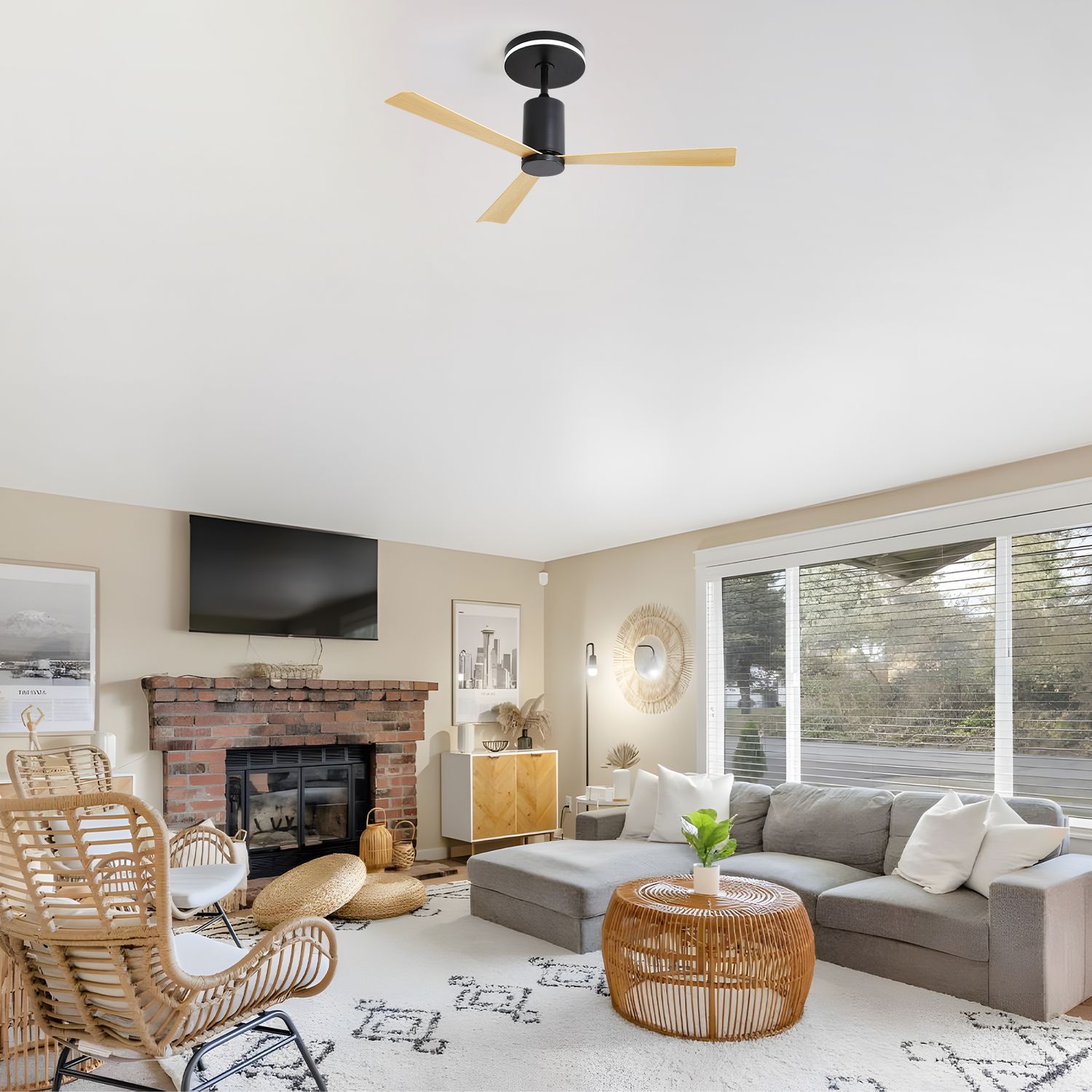 Sofucor 52-inch flush-mount ceiling fan displayed in a bright, contemporary living room, emphasizing its efficient and quiet DC motor