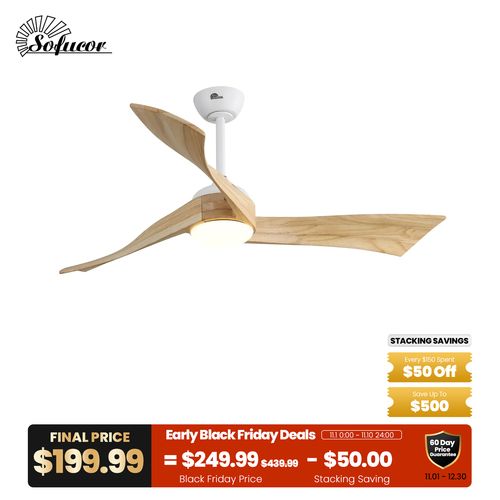 Sofucor 52" Wave Wood Ceiling Fan With Light