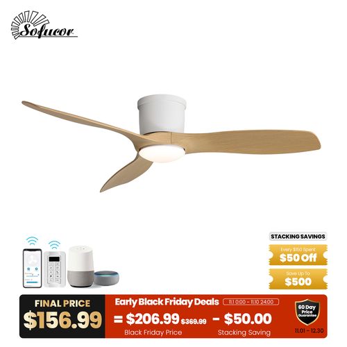 Sofucor Fan 52" Flush Mount 3-Blades Space-saving Smart Ceiling Fan with Light