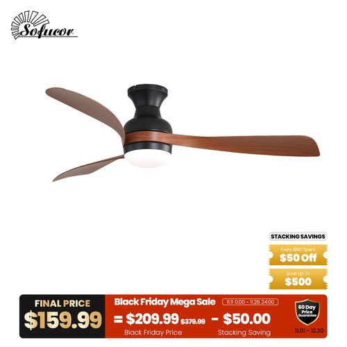 Sofucor 52" Modern Low Profile Curved ABS 3-Blades Ceiling Fan with Light