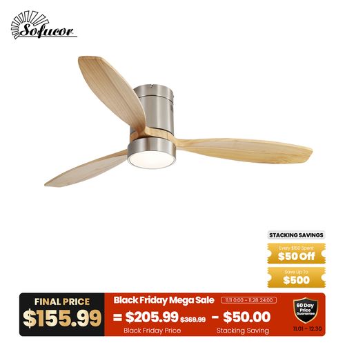 Sofucor 52" Modern 3-Solid Wood Blade Classic Flush Mount Ceiling Fan With Light and Remote Control