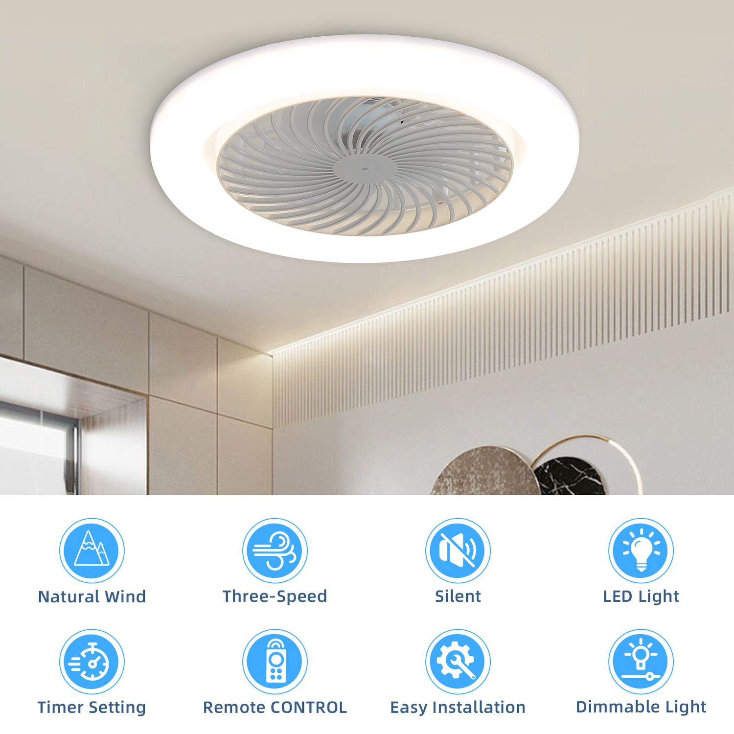 features of Sofucor 10“ Socket Ceiling Fan with Light and Remote: natural wind, three speed, silent, led light, timer setting, remote control, easy installation, dimmable light