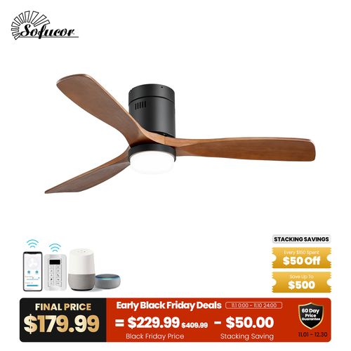 Upgrade Brand New Sofucor 52" Flush Mount Wood Blade Ceiling Fan with Light