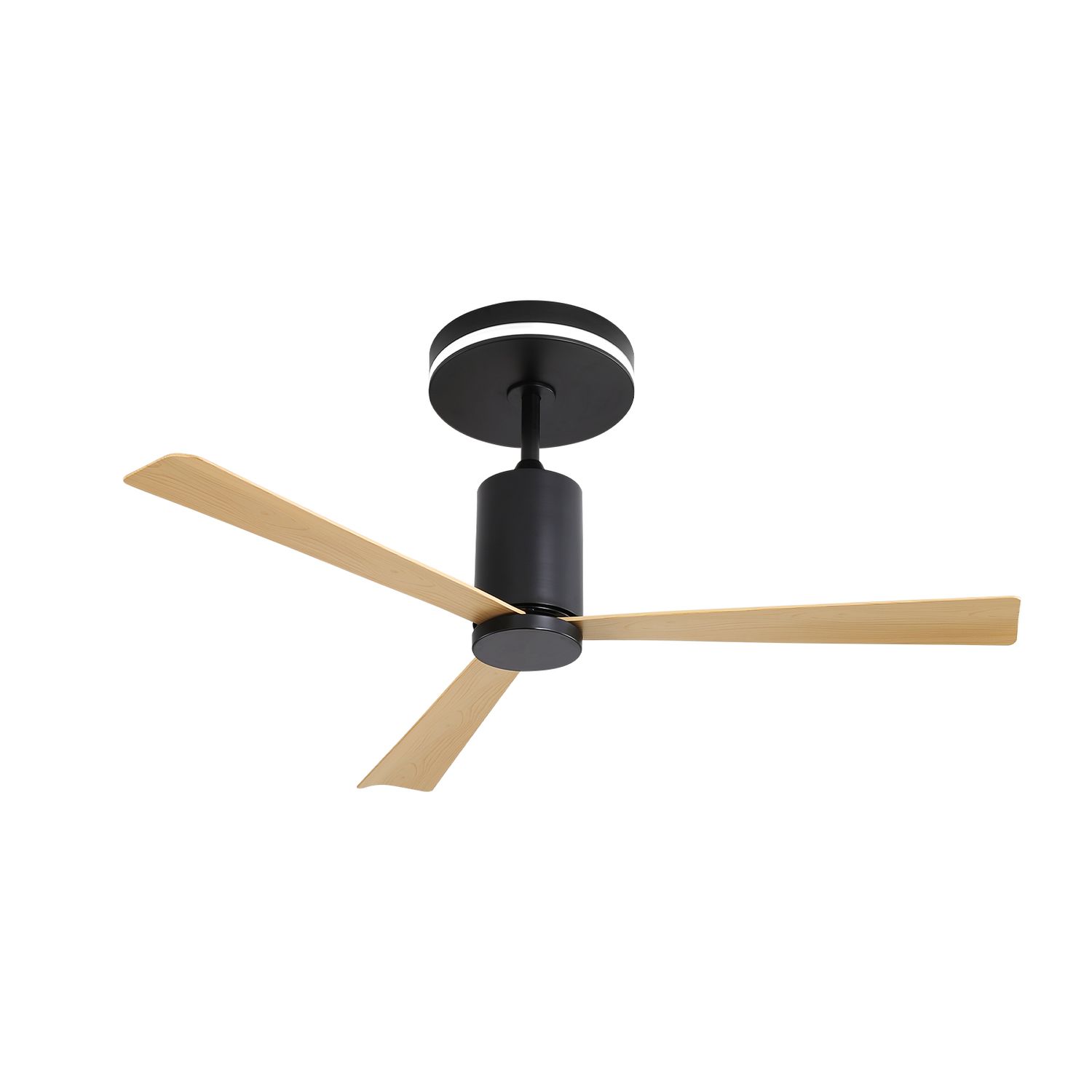 Sofucor 52-inch modern flush-mount ceiling fan in black with three natural wood blades, ideal for low ceilings