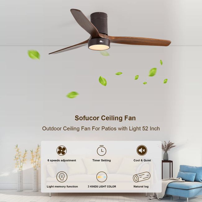 52 Inch Low Profile Flush Mount Ceiling Fan With Light Remote Control ...