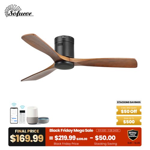 Upgrade Brand New Sofucor 52" Steel Wood Flush Mount Ceiling Fan