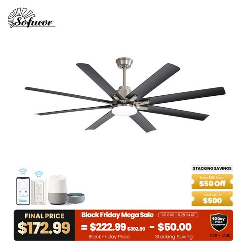Sofucor 52" Industrial Style 8-Blades Smart Ceiling Fan with Light