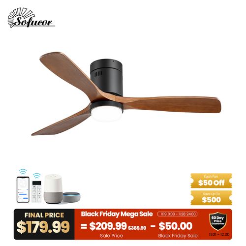 Upgrade Brand New Sofucor 52" Flush Mount Wood Blade Ceiling Fan with Light