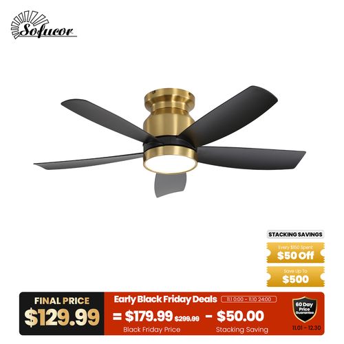 Sofucor 42" Low Profile 5 ABS Blades Flush Mount Ceiling Fan with Light