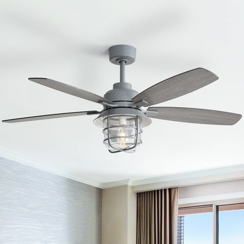 Sofucor Brand New 52" Industrial Farmhouse Ceiling Fan with Light – Gray Finish & Cage Lantern Design