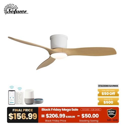 Sofucor Fan 52" Flush Mount 3-Blades Space-saving Smart Ceiling Fan with Light