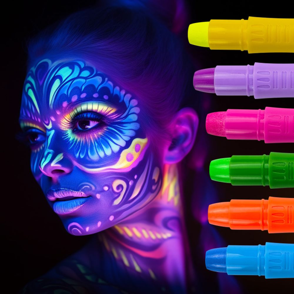 Resplandor de neón ULTRAVIOLETA en el lavable fluorescente temporal del crayón oscuro de la pintura de la cara del cuerpo
