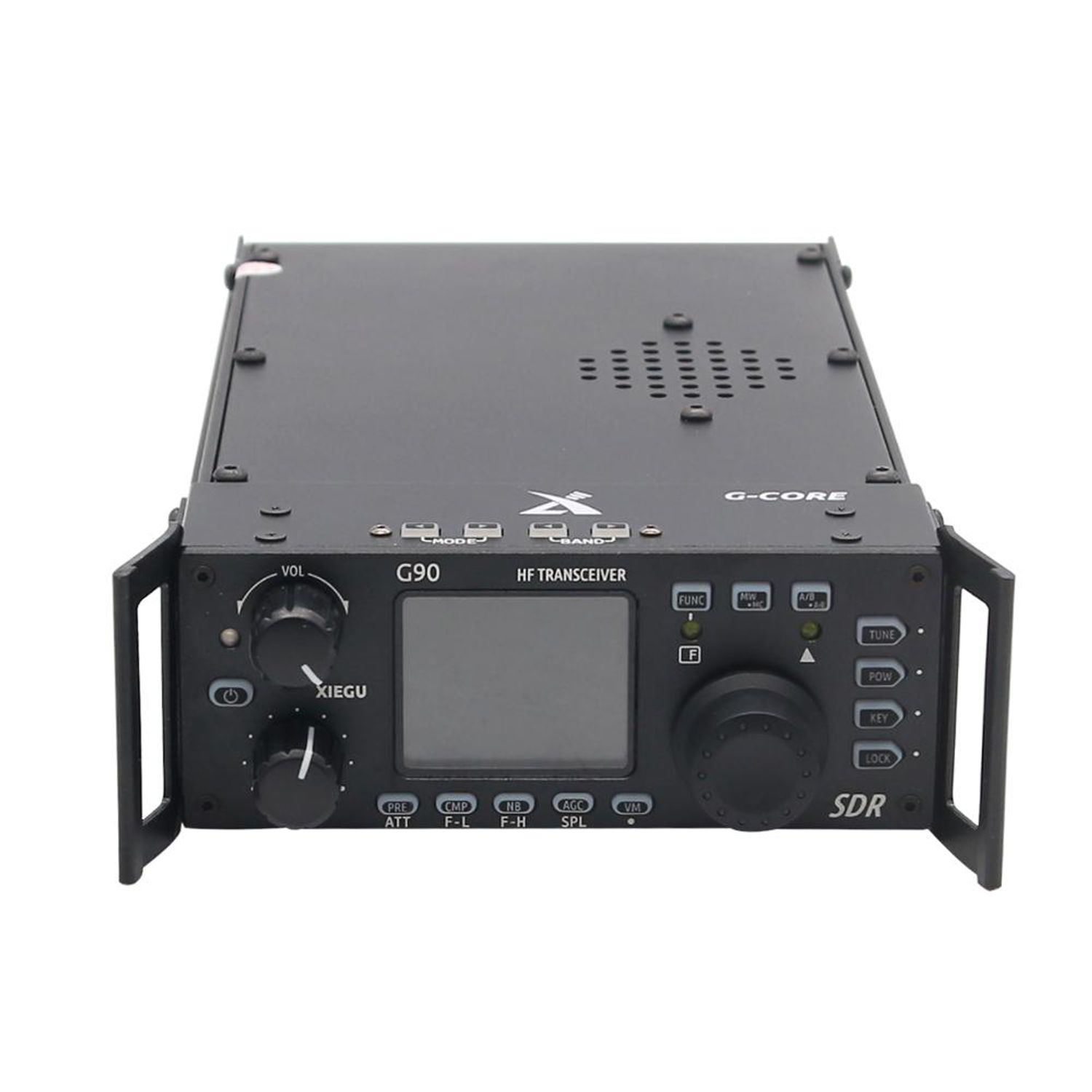 The G90 transceiver is shown from the front view, sitting flat, with its display screen off and multiple control knobs and buttons visible on the front panel