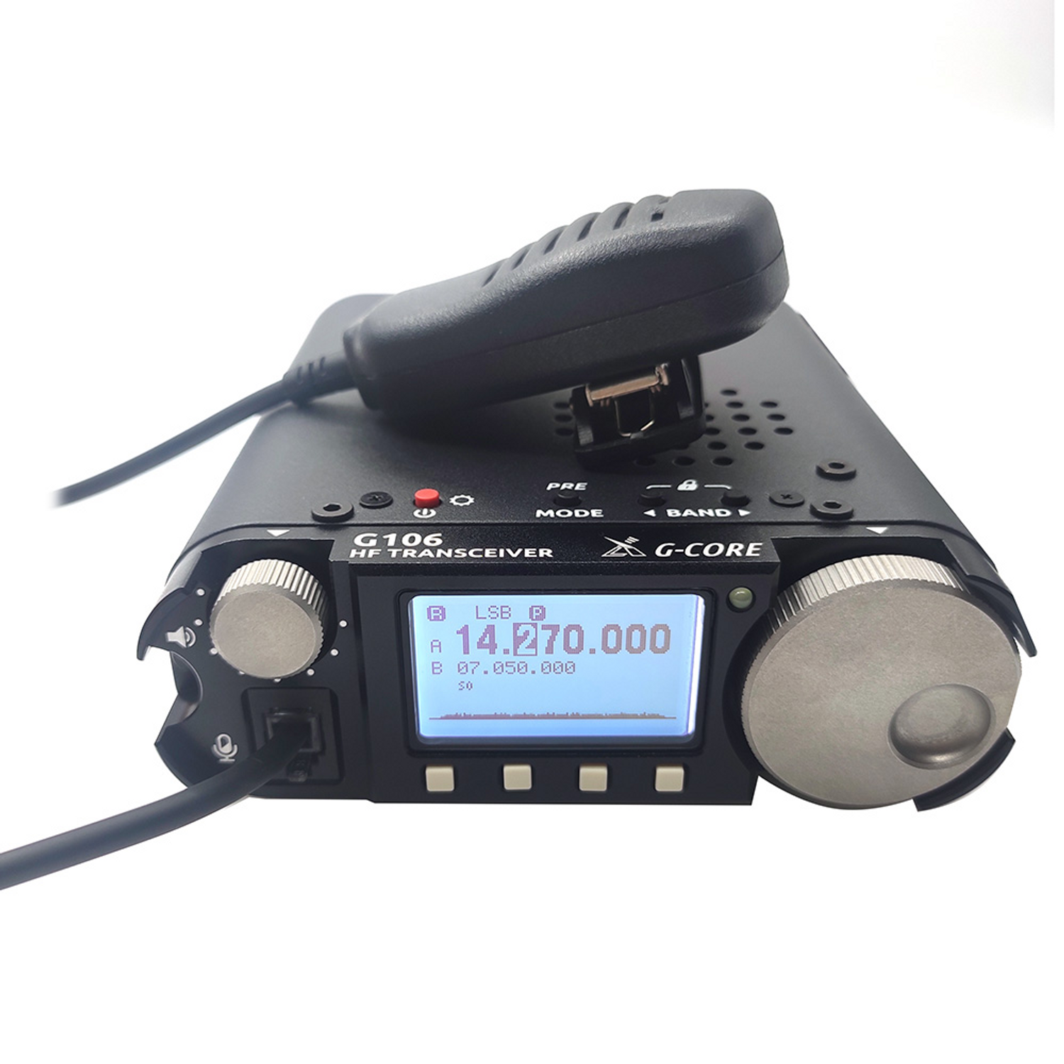 Xiegu G106 portable HF transceiver with a hand microphone on top