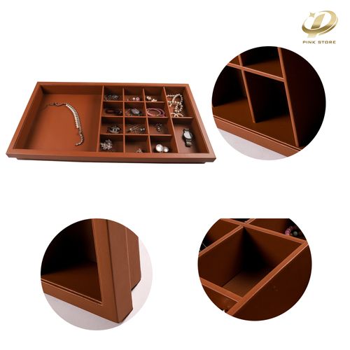 Large Brown PU Leather Jewelry Display Tray with Multiple Compartments