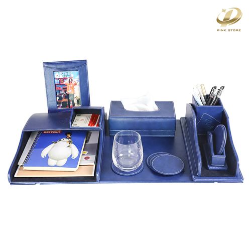 Executive Desk Set  PU LEATHER Blue Color - Set of 8 Pieces