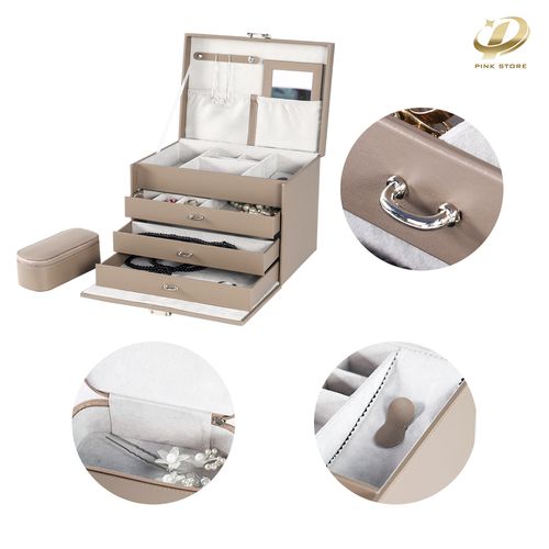 Khaki PU Leather Jewelry Box with Drawers