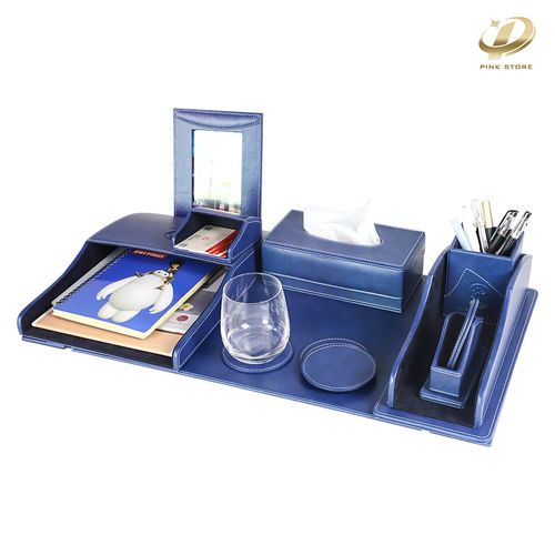 Executive Desk Set  PU LEATHER Blue Color - Set of 8 Pieces
