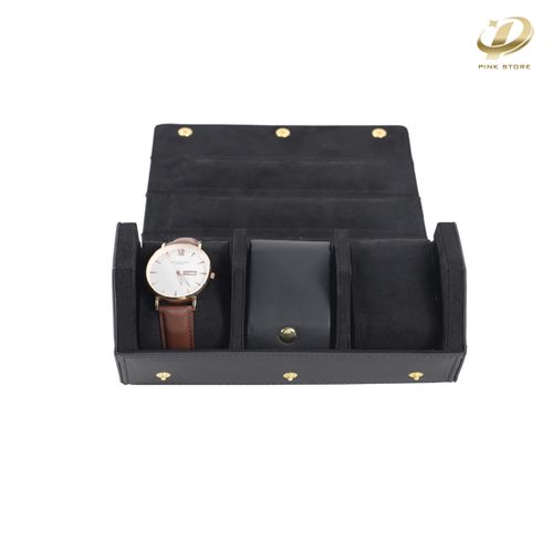 Black PU Leather Watch Roll with Three Compartments