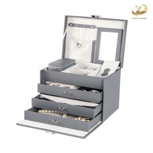 Grey PU Leather Jewelry Box with Drawers