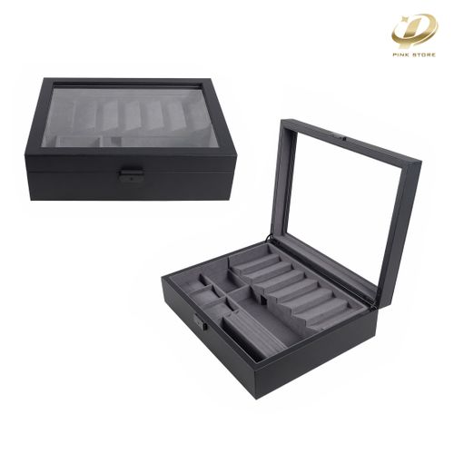 Large Black PU Leather Jewelry Box with Multiple Compartments and Visible Window