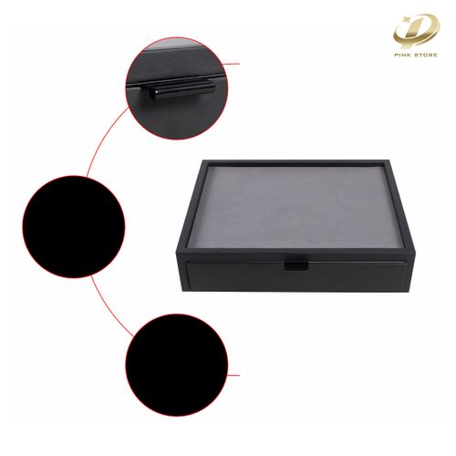 Large Black PU Leather Jewelry Drawer with Multiple Compartments and Visible Window