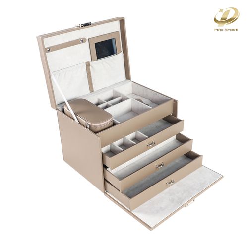 Khaki PU Leather Jewelry Box with Drawers