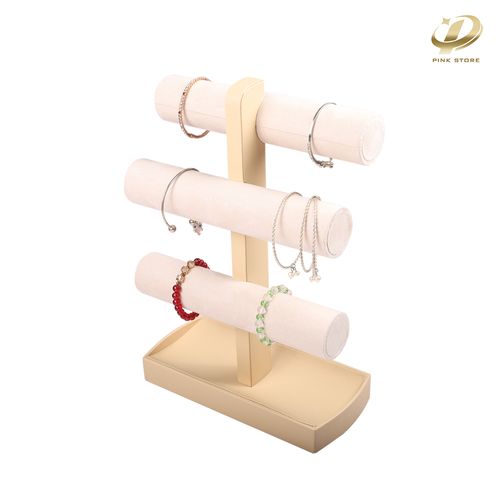Beige Faux Suede Jewelry Display Holder with Three Pillars