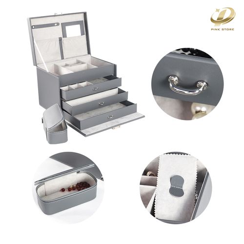 Grey PU Leather Jewelry Box with Drawers