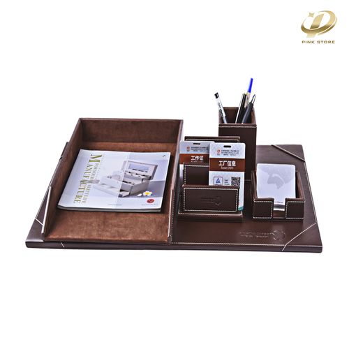 Bonded Set Luxury Leather Desk Pad & Desk Organization Essentials, 5 Piece, Dark Brown