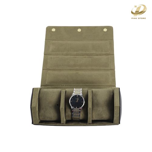 Olive PU Leather Watch Roll For Three Slots
