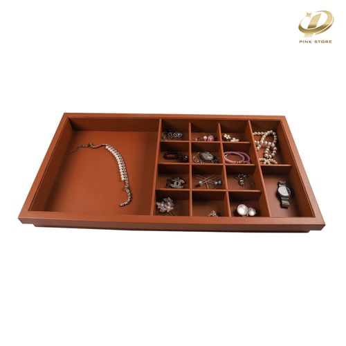 Large Brown PU Leather Jewelry Display Tray with Multiple Compartments