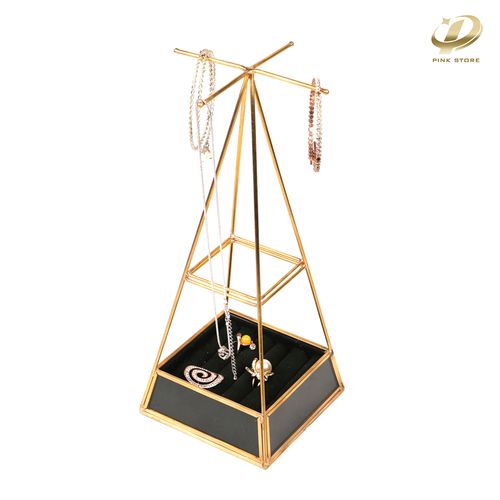 Triangular Golden Metal Jewelry Display with Velvet Lining and Compartments