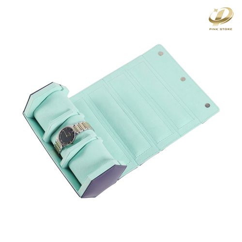 Blue PU Leather Watch Roll For Three Slots